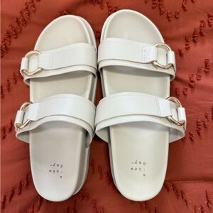 White Slide Sandals with Gold Buckles
